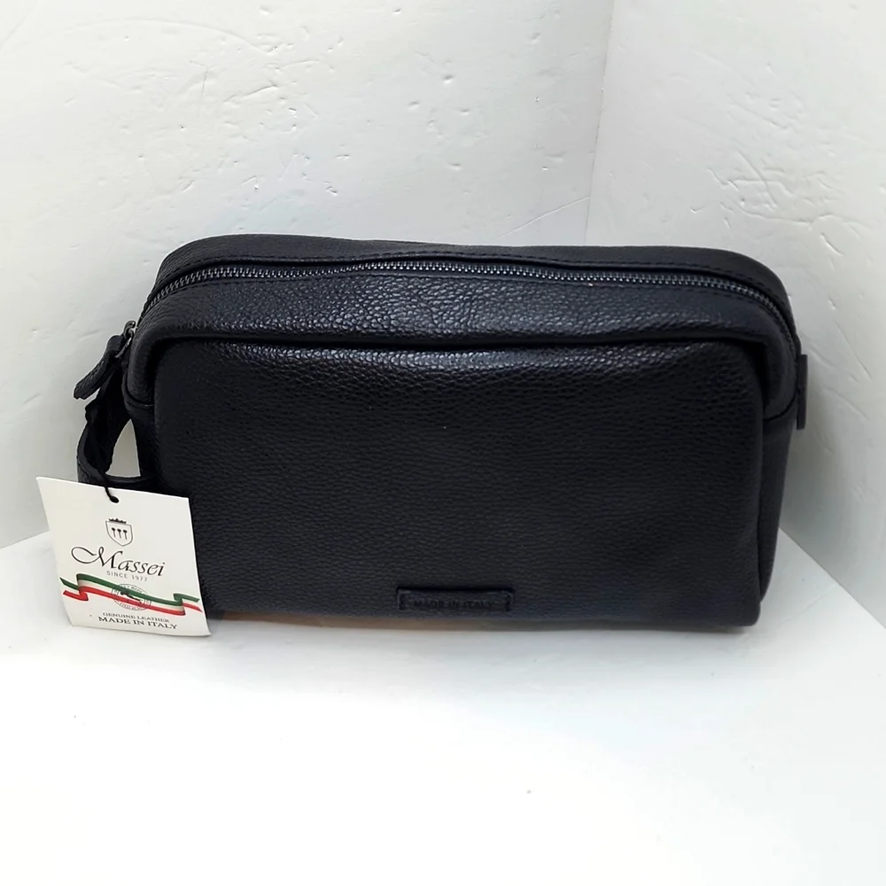 MASSEI, GENUINE LEATHER, MADE IN ITALY, MEN’S TOILETRY BAG, HAND MADE BLACK
